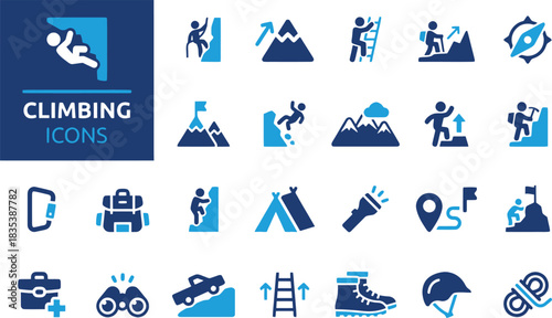 climbing, icon, set, adventure, outdoor, activity, mountain, hiker, climber, rock, cliff, tent, backpack, carabiner, compass, map, flag, flashlight, binoculars, boots, helmet, ladder, car, offroad, su