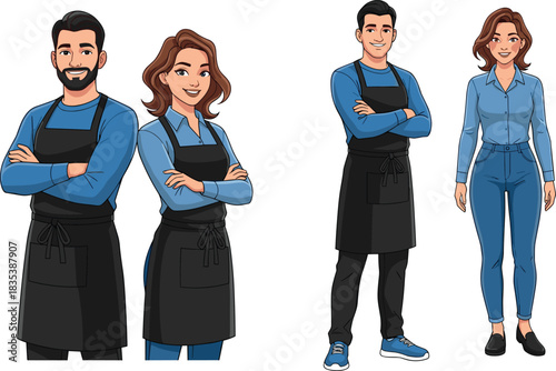 Smiling barista characters wearing aprons, professional cafe staff illustration, friendly workers standing together, coffee shop team concept cartoon artwork