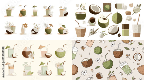 Tropical coconut drink icon set featuring fresh coconuts, flowers, juices, and palm elements. Perfect for summer themes, beach graphics, tropical menus, vacation designs, and refreshing artwork.