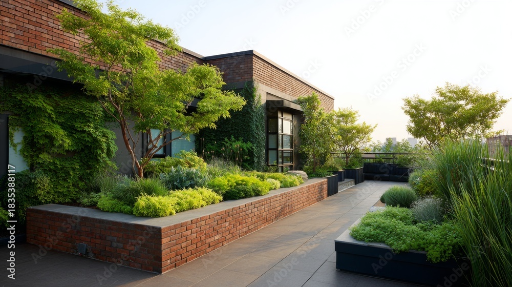 Fototapeta premium Rooftop terrace with lush green plantings brick walls and city skyline views