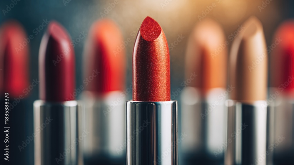 Obraz premium Close-up of various vibrant lipsticks in silver tubes, blurred background