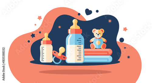 A cute illustration features baby bottles, a pacifier, and a teddy bear, creating a charming scene perfect for new parents and baby-related themes.