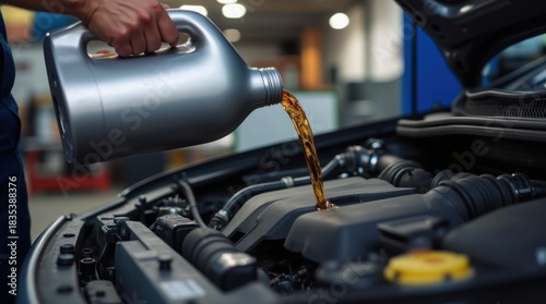 Mechanic pouring motor oil into a car engine, ensuring smooth operation & optimal performance. Routine maintenance crucial for vehicle longevity & reliability. Trust the professionals.