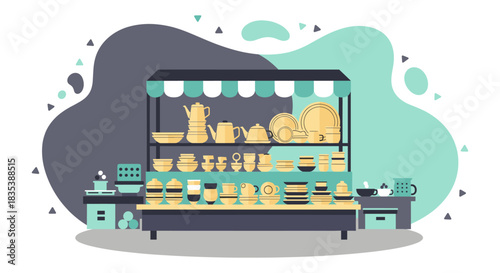 An illustration captures a shop displaying various ceramics, pottery, and kitchenware items, showcasing craftsmanship and design in a vibrant setting.