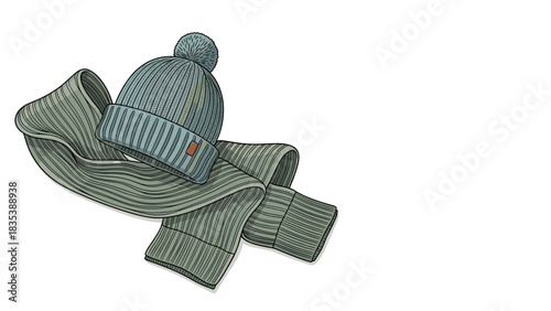 Knitted beanie hat and scarf in green and blue color scheme  
