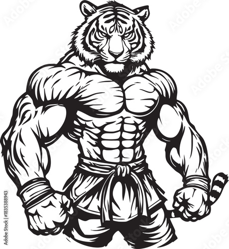 Muscular Tiger Fighter Vector Illustration: Strong Wild Cat Animal Mascot Fitness Martial Arts Strength Graphic Design