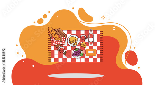 An illustrated picnic scene, featuring a checkered blanket, hot dogs, snacks, and drinks, perfect for outdoor gatherings and leisure activities.