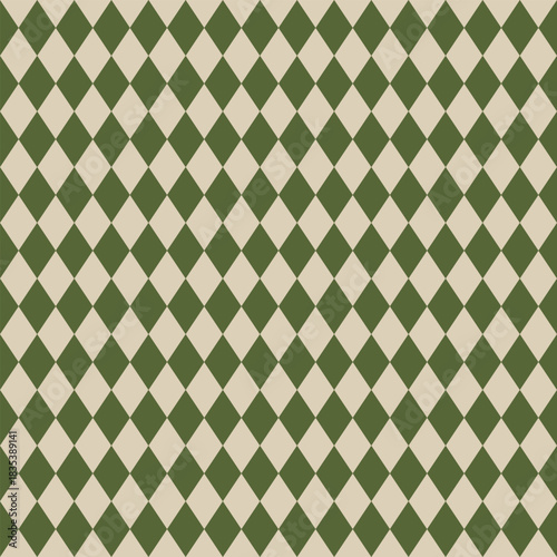 Seamless Vintage Harlequin Diamond Pattern in Green and Beige Classic Geometric Retro Background for Textile, Wallpaper, Wrapping Paper, Fabric Prints and Decorative Design Projects