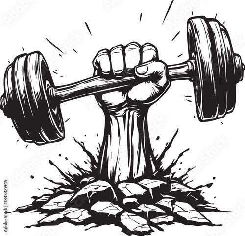 Hand Holding Barbell Breaking Ground Vector: Strength Fitness Power Gym Training Muscle Monochrome Graphic Illustration