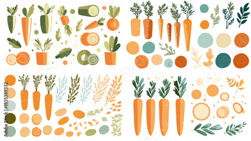 Fresh carrot and vegetable icon set with sliced pieces, leafy tops, and botanical shapes. Ideal for food graphics, garden themes, organic designs, nutrition projects, and natural decorative artwork.