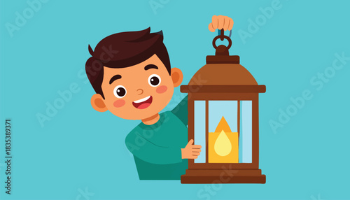 A cheerful young boy holds a lit lantern, smiling with joy.