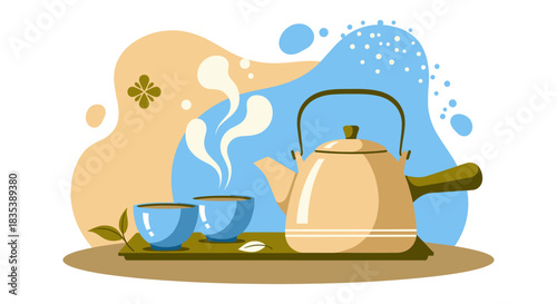 A serene illustration depicts a teapot and two cups, steam rising, suggesting a moment of calm and relaxation, perfect for tea lovers.