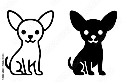 Minimalist icon, chihuahua vector, black and white, outline and silhouette