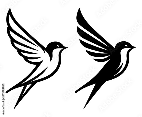 Minimalist icon, swallow bird vector, black and white, outline and silhouette