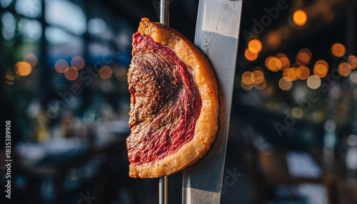 Thick slice of Picanha beef, medium-rare, served vertically on a Churrasco skewer in a dimly lit restaurant.