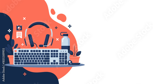 An illustration of a gaming setup with a keyboard, headphones, water bottle, and other accessories, against an orange and white background.