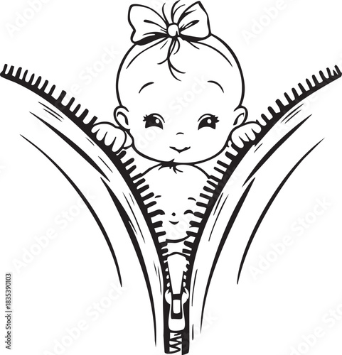 Cute Baby Girl Peeking Out from Unzipping Zipper Vector Illustration: Funny Pregnancy Reveal and Gender Announcement Design