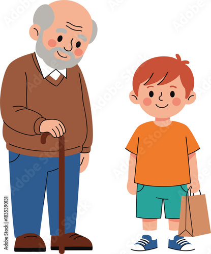 Charming Cartoon Vector of a Polite Young Boy Offering Help to an Elderly Gentleman with a Cane, Illustrating Kindness, Empathy, and Intergenerational Support.