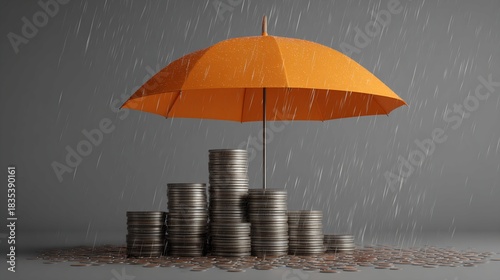 Orange Umbrella Protecting Stacks of Silver Coins in Simulated Rainfall on Gray Background Financial Security Concept Studio Shot