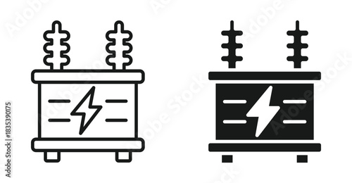 Electric transformer icon set in outline and silhouette style representing power distribution voltage conversion and electrical infrastructure vector illustration . 