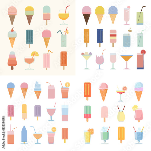 Refreshing ice cream and drink icon set featuring popsicles, cones, juices, and cocktails in bright pastel colors. Perfect for summer themes, menu graphics, vacation designs, and fun decorative artwor