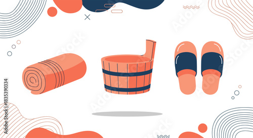 An illustration features spa essentials, including a rolled towel, a wooden bucket, and comfortable slippers, set against an abstract background.