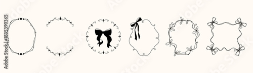 Set of hand drawn decorative frames with bows, ribbons, and patterned elements in black outline style, for wedding invitations, greeting cards, packaging, branding, and scrapbooking designs. Vector