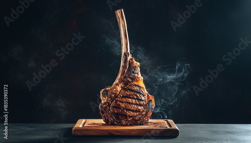 Grilled Tomahawk bone-in ribeye steak standing vertically on a wooden cutting board.