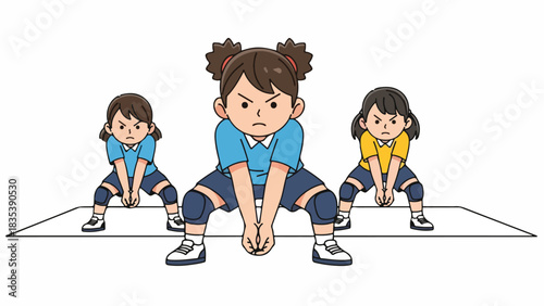 Three cartoon girls in athletic stances, wearing knee pads, with determined expressions, positioned on a light gray surface.