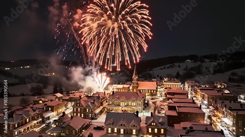Spectacular Fireworks Display Illuminates Snowy Mountain Town at Night.