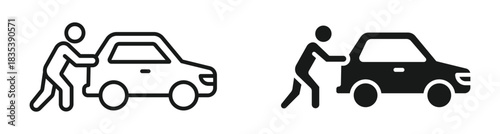 Car pushing icon set in outline and silhouette style representing vehicle breakdown roadside assistance and emergency help vector illustration