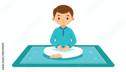 A young boy sits cross-legged on a prayer mat, wearing a blue kurta, in a meditative pose.