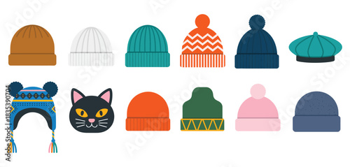 Winter hats vector collection, including cozy wool beanies, earflap styles, and cold-weather headwear, perfect for fashion design, seasonal graphics, and outdoor apparel projects