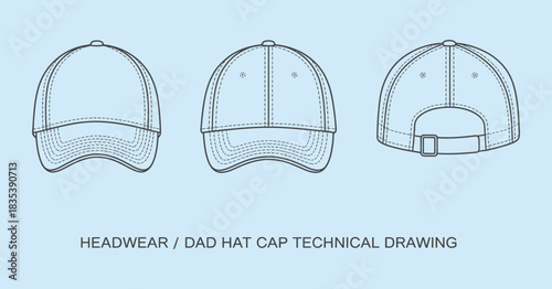 Blank Dad Hat Technical Drawing Presented as Detailed Vector Illustration Showing Fashion Headwear Blueprint, Vintage Streetwear Cap Schematics, and Clean Isolated Design Elements