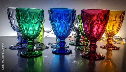 Row of Colored Glass Goblets on Reflective Surface with Neutral Background