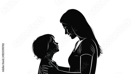 A mother and young child walking hand in hand silhouetted figure