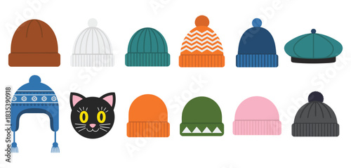 Winter hats vector, featuring warm wool beanies, earflap styles, and cold weather apparel designs for seasonal fashion, outdoor activities, and winter clothing illustrations