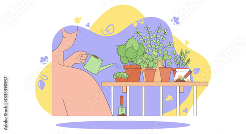 A person waters potted plants on a balcony, creating a serene and colorful illustration with a focus on gardening and home decor.
