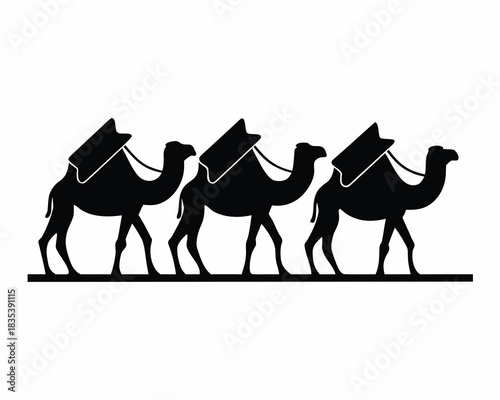 Desert camel caravan icon  silhouette vector illustration isolated on white background