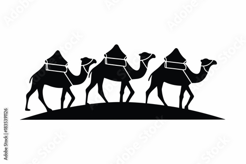 Desert camel caravan icon  silhouette vector illustration isolated on white background