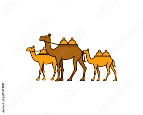 Desert camel caravan vector illustration isolated on white background