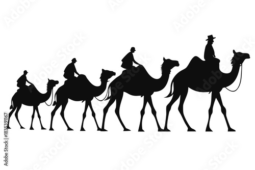 Desert camel caravan silhouette vector illustration isolated on white background