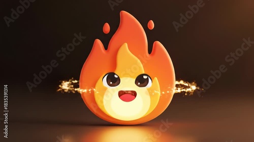 Animated flame character with expressive eyes and cheerful smile, showcasing playful emotions, camera pans and zooms in on vibrant details and sparkling effects