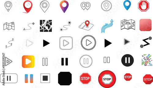 Diverse set of hand drawn and modern icons for navigation and media