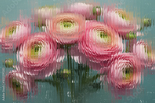 Abstract. Floral. Texture. A beautiful bouquet of pink ranunculus flowers seen through vertical ribbed glass, creating a vibrant, distorted effect for a modern, artistic floral design.