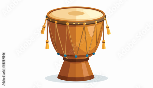 Illustration of a traditional djembe drum with ropes and tassels, isolated on a white background.