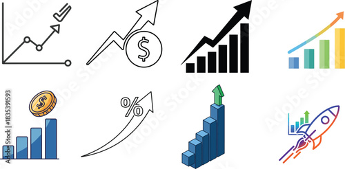 Set of hand drawn business growth charts and graphs with upward trends