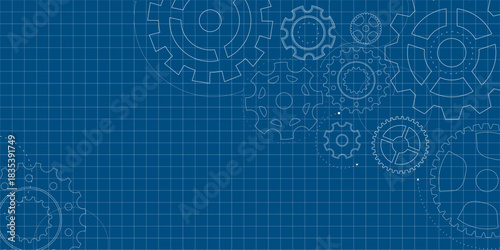 Gear blueprint technical mechanism construction background wheel industry pattern engineering. The graphic is built with smooth lines and form. A modern abstract asset for tech inspired sites.
