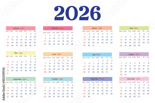 Calendar of year 2026 with months january february march april may june july august september october november and december twelve months