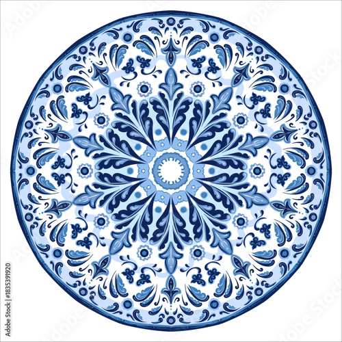 Blue Round pattern Baroque style. Handmade Ceramic from watercolor. Traditional tribal ornament. Round plate. Capri Maiolica